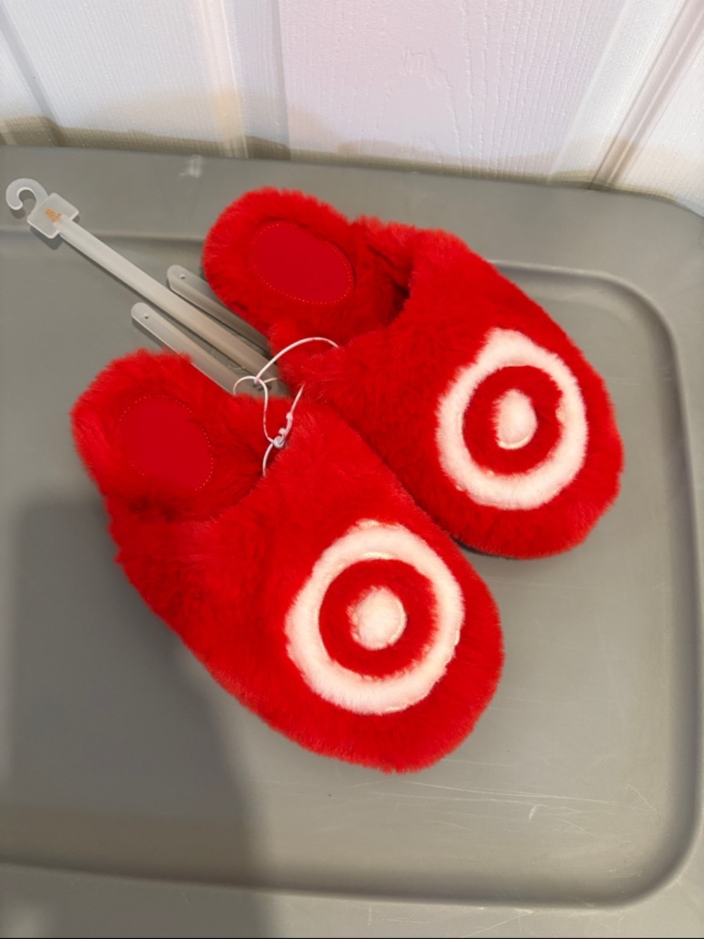 Target Red and White Fuzzy Logo Slippers